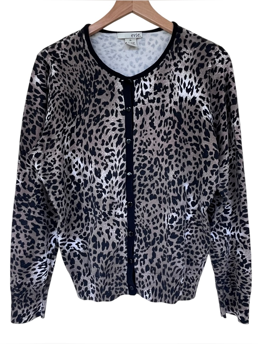 Evie Leopard Print Cardigan XL Gray Black Lightweight Button Front Sweater